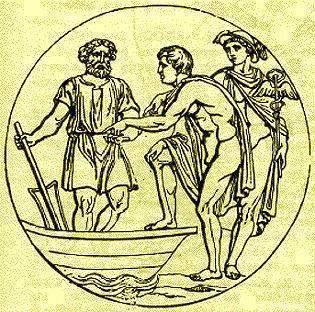 a soul getting into the Ferry and paying Charon. Behind is Mercury with his staff bearing a winding serpent.